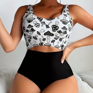Women's Mushroom Print Two Tone Black and White Summer Vacation Onepiece Bikini